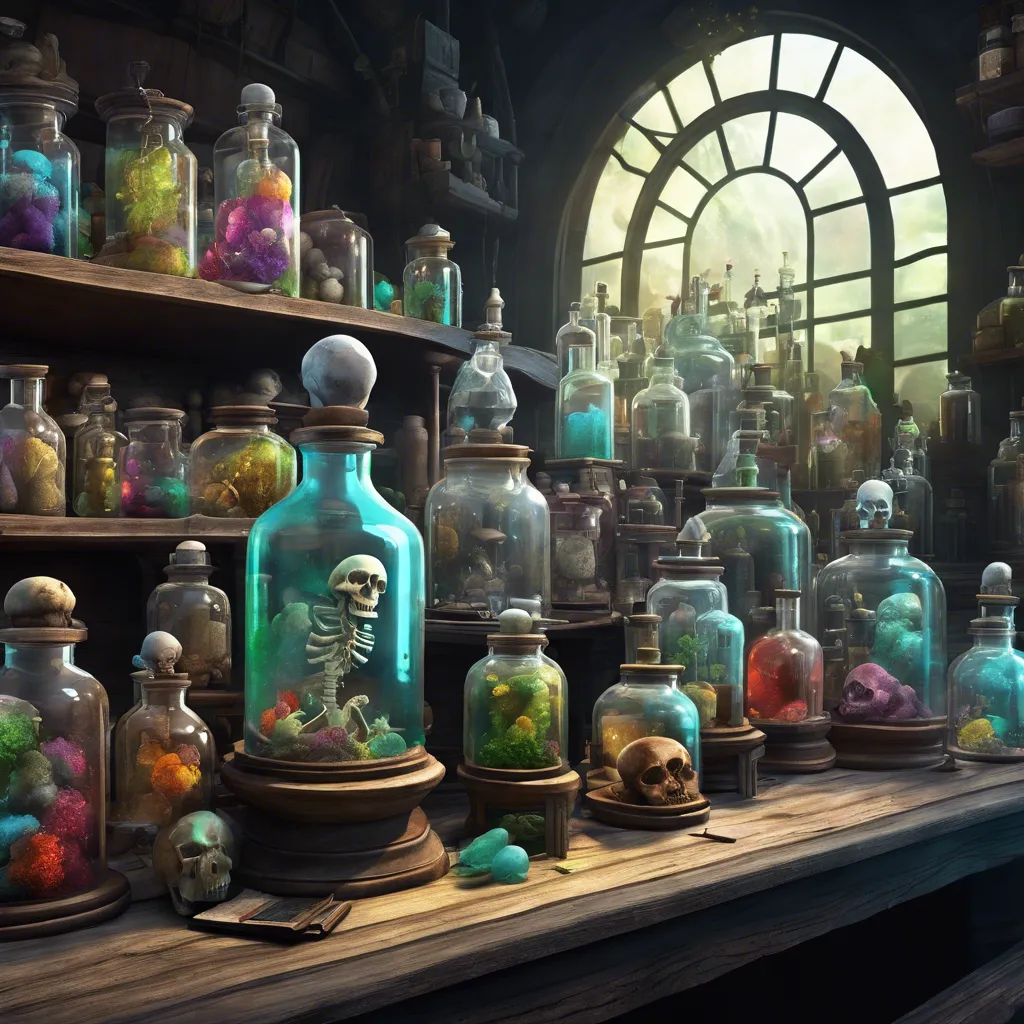 A 3D-rendered scene depicts an eerie and mystical apothecary or laboratory filled with various glass bottles and a human skull under a glass dome. The foreground features a weathered wooden desk cluttered with numerous small jars, some sealed and others open, containing colorful liquids and preserved specimens. A large clear glass jar on the left contains a dark liquid, while another jar shows a small animal, possibly a frog. A smaller green jar contains a vibrant liquid with visible roots or plants inside.
